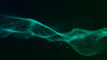 Fototapete - Abstract green futuristic background. Technological wave of information data flow. 3D rendering.