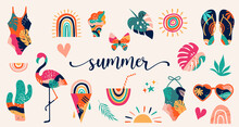 Hello Summer, Summer Elements And Illustrations In Vibrant Bright Colors