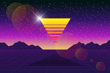 Poster - Future digital technology metaverse concept abstract background. Virtual reality universe futuristic 3d landscape with graphical mountains and triangular sun. Meta cyber space vector eps illustration
