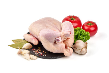 Sticker - Raw whole chicken with condiments and vegetables, isolated on white background.