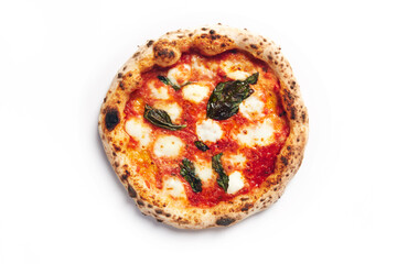 Top view of margherita pizza on a white background