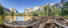 Scenic View In Yosemite Valley To Mountains Of El Capitan And Cathedral Rock