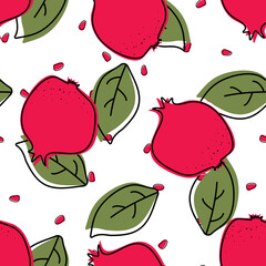 Red Pomegranate Vector Seamless Pattern. Drawing