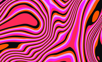 Poster - Trippy glitch background in style of psychedelic 60s and 70s parties with bright acidic rainbow colors and a winding geometric wavy pattern.