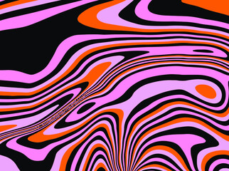 Poster - Trippy glitch background in style of psychedelic 60s and 70s parties with bright acidic rainbow colors and a winding geometric wavy pattern.