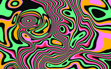 Poster - Trippy glitch background in style of psychedelic 60s and 70s parties with bright acidic rainbow colors and a winding geometric wavy pattern.