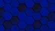 Abstract background with waves made of deep blue futuristic honeycomb mosaic geometry primitive forms that goes up and down under orange back-lighting. 3D illustration. 3D CG. High resolution.