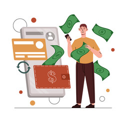 Wall Mural - Money transfer concept. Man with smartphone in his hand pays for order in online store. Cashless transaction and electronic wallet. Buying goods on Internet. Cartoon flat vector illustration