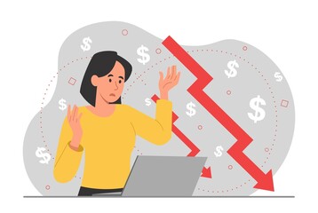 Concept of bankruptcy. Sad woman looks at falling graph, businesswoman or entrepreneur in front of laptop. Economic crisis and financial failure of organization. Cartoon flat vector illustration