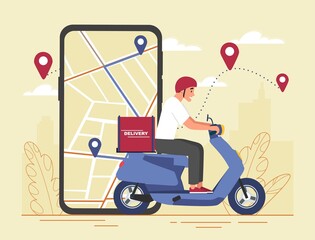 Poster - concept of delivery. man on scooter with box carrying goods to customer. home delivery and modern se