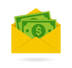 Poster - Money in envelope vector illustration. Dollar banknote cash in open mail for salary or bribe concept.