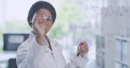Poster - Scientists writing on clear visual aid board, recording chemical compound changes, reactions in experiment test. Biochemist pathologist discovering cure to monkeypox virus while working in laboratory