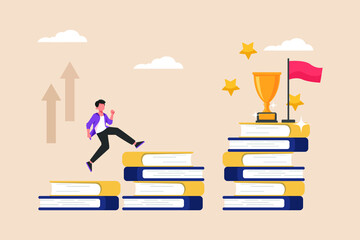 man stepping on a pile of books to get a trophy. education level concept. colored flat graphic vecto