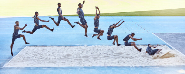 a sequence of a fit male athlete jumping in a sandpit competing in the long jump. professional athle