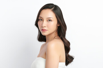 beautiful young asian woman with clean fresh skin on white background, face care, facial treatment, 