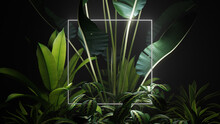 Cyber Background Design. Tropical Plants With White, Square Shaped Neon Frame.