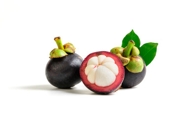 Wall Mural - Fresh Mangosteen with leaves isolated on white background.