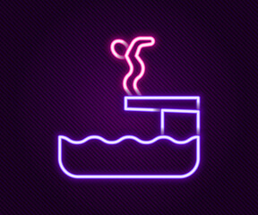 Poster - Glowing neon line Swimmer diving into pool icon isolated on black background. Colorful outline concept. Vector