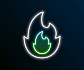 Wall Mural - Glowing neon line Fire flame icon isolated on black background. Colorful outline concept. Vector