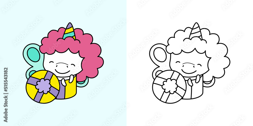 Kawaii Unicorn Clipart Multicolored and Black and White. Cute Kawaii ...