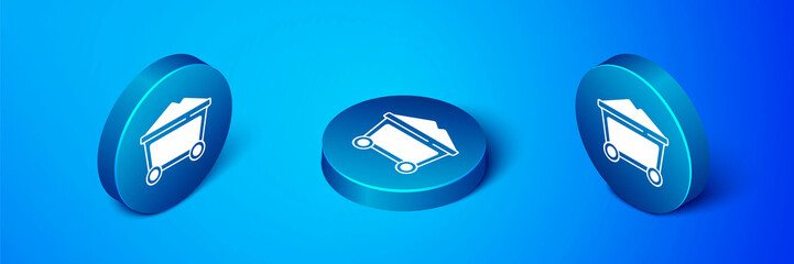 Wall Mural - Isometric Mine coal trolley icon isolated on blue background. Blue circle button. Vector