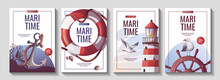 Set Of Flyers With Lighthouse, Ship's Steering Wheel, Anchor, Lifebuoy, Corals, Seagulls, Seashells. Maritime, Sea Coast, Marine Life, Nautical Concept. Vector Illustrations.