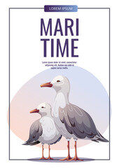 Flyer design with Seagulls. Maritime, sea coast, marine life, nautical concept. Vector illustration. flyer, cover, banner template.