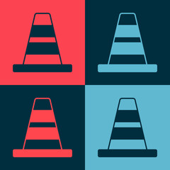 Sticker - Pop art Traffic cone icon isolated on color background. Vector