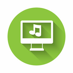 Poster - White Computer with music note symbol on screen icon isolated with long shadow background. Green circle button. Vector