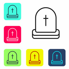 Sticker - Black line Tombstone with RIP written on it icon isolated on white background. Grave icon. Happy Halloween party. Set icons in color square buttons. Vector