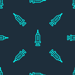 Wall Mural - Green line Addiction to the drug icon isolated seamless pattern on blue background. Heroin, narcotic, addiction, illegal. Sick junkie with a syringe and medical pills. Vector