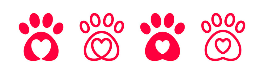 Dog Paw Love with a heart-shaped frame of dog tracks and trails. Dog or cat Love Heart with cute paw print vector illustration. Best used for pet care, pet-friendly logo.	