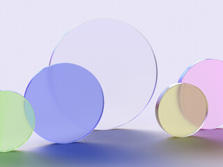 Aufkleber - 3D rendered illustration with glass cylinders in different colors. A minimal abstract scene with geometrical forms on a light background. Set of Geometric shapes in a dynamic composition.