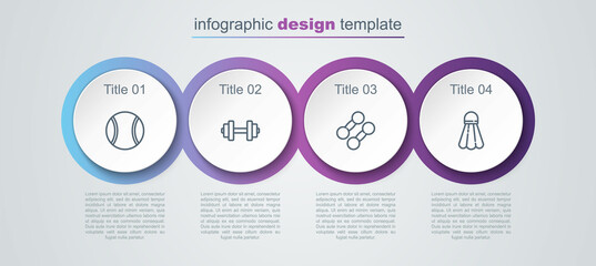 Sticker - Set line Tennis ball, Dumbbell, and Badminton shuttlecock. Business infographic template. Vector