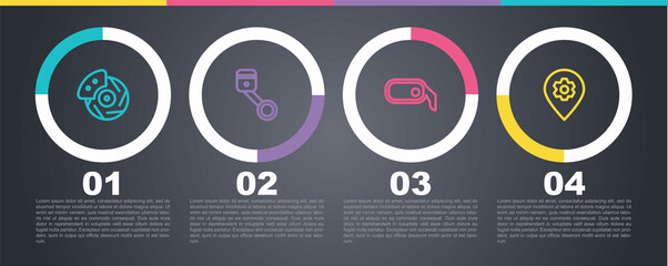 Set line Car brake disk with caliper, Engine piston, rearview mirror and Location car service. Business infographic template. Vector