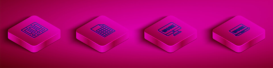 Poster - Set Isometric line Office folders, File document, Monitor with text work and Laptop icon. Vector