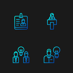 Poster - Set line Human with lamp bulb, People, Identification badge and Stage stand or tribune. Gradient color icons. Vector