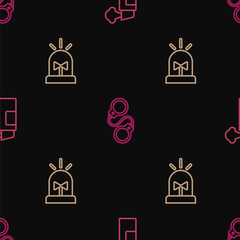 Sticker - Set line Pepper spray, Flasher siren and Handcuffs on seamless pattern. Vector