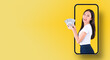 © Png - Video - Photo - happy asian woman excited holding money US dollars banknotes and wallet comes out from the phone screen, person finance and employment, cash withdrawal smart phone mobile online application.