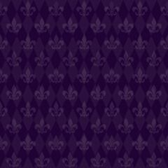 mardi gras seamless background. purple background with diamonds and royal lilies. vector illustratio