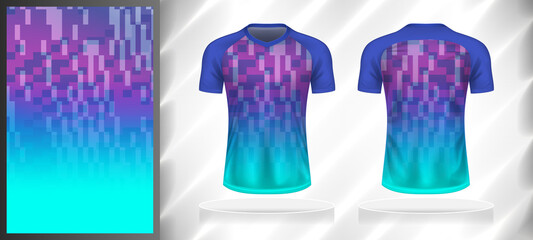 Vector sport pattern design template for T-shirt front and back view mockup. Dark and light shades of blue-purple color gradient geometric square texture background illustration.