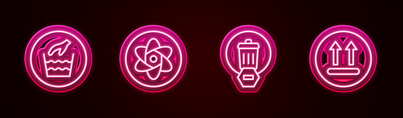 Wall Mural - Set line Hand wash laundry, Test tube flask, Trash can and Temperature. Glowing neon icon. Vector