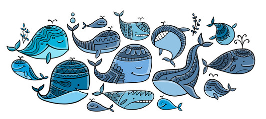 Poster - Wild whales collection. Childish style vertical frame for your design