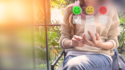 Poster - Adult woman using a smartphone in give rating to service experience on application. Online customer review satisfaction feedback survey and testimonial.