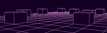Vector Perspective Grid. Digital Cyberspace. Network Connection Structure. Purple Background Concept. Vector Illustration For Website.