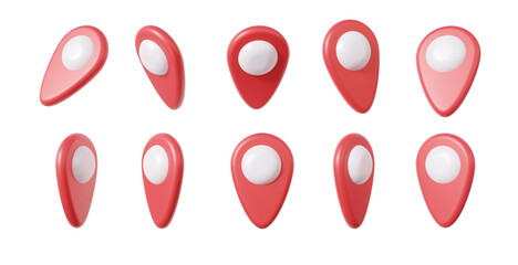 Fototapete - Minimal cartoon red pin pointer set and map location search GPS, position travel navigation concept. isolated on white background. 3d rendering illustration