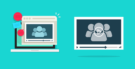 Poster - Video virtual conference call icon flat vector or online webinar videocall on computer laptop screen cartoon illustration, digital web teleconference player or distance meeting talk modern image