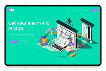 Poster - Electronic receipt concept 3d isometric outline landing page. Banking services, invoice pay using credit card, financial transactions. Vector web illustration with abstract line composition.