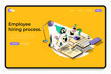 Poster - Hiring process concept 3d isometric outline landing page. Human resources, search for candidates for vacancies, selection of best resume. Vector web illustration with abstract line composition.
