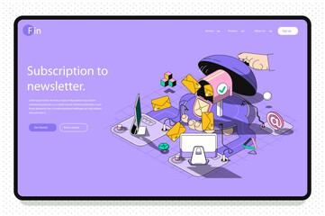 Leinwandbilder - Newsletter concept 3d isometric outline landing page. Online communication, email services, promo mailings, correspondence, notifications. Vector web illustration with abstract line composition.